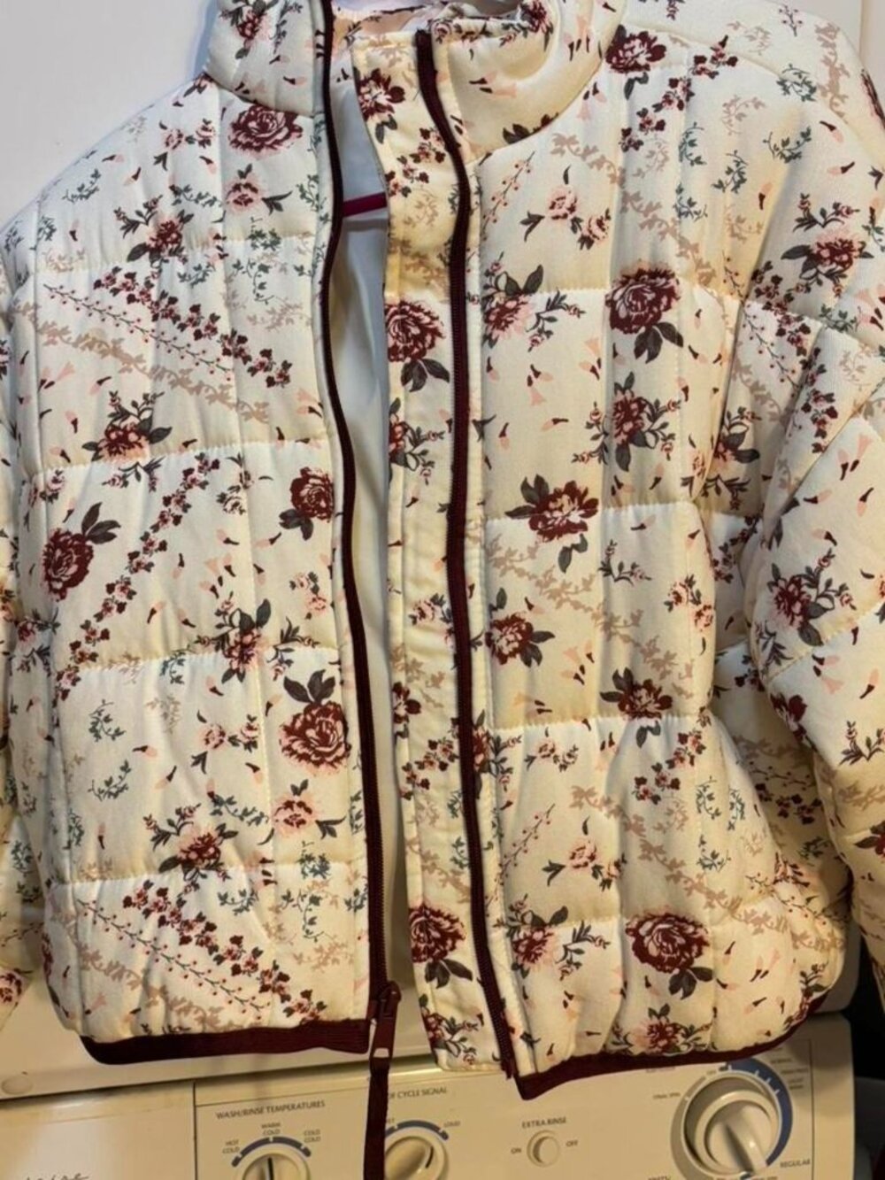 Floral Puffer Jacket | Used Cream Burgundy Cropped Padded Quilted Coat